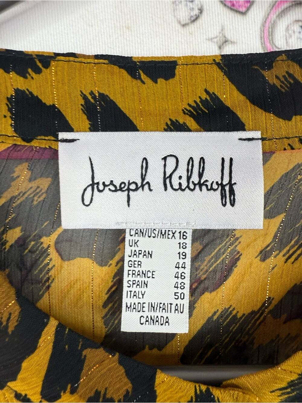 Joseph Ribkoff sparkly Yellow and Black Leopard Print Button-Front Blouse ruffle - Picture 6 of 7